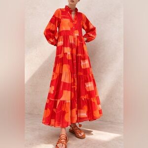 Bird & Knoll James Statement Tiered Maxi Red Orange Abstract Designer Luxury